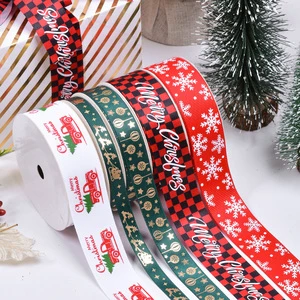 Ribest Polyester Customize Printed Christmas Ribbon With Foil Gold Logo Gift Wrap Wholesale