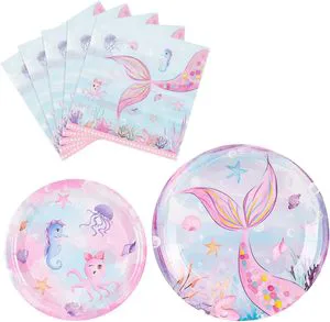 144 Piece Mermaid Birthday Party Supplies Tableware Set Serves 24 with Plates Napkins Cups Cutlery Hot Selling