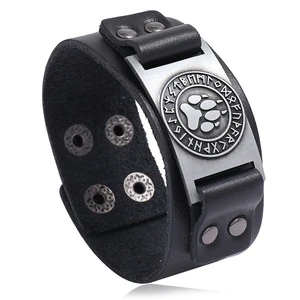 Holy Patron Nordic Rune Odin Bear Paw Talismans Viking Bracelet Adjustable Leather Wrap Bracelet for Men Punk Wrist Jewelry Gift