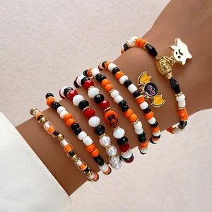 Overseas Halloween Skeleton Beaded Bracelet Set Unisex Personalized Devil's Eye Oil Dropping Bat Design