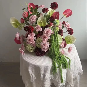 Blush Pink Burgundy Wedding Centerpiece, Rose Anthurium Hydrangea Arrangement with Green Tassel, Tablescape Decor
