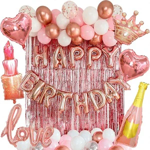 Custom Rose Gold Birthday Decorations for Women - Party Backdrop with Latex, Foil , Banner & Rose Gold Foil Fringe Curtains