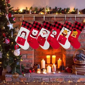 Personalize Buffalo Plaid Red Check Embroider Bear Fox Patch Red Snowmen Christmas Stockings for Embroidery