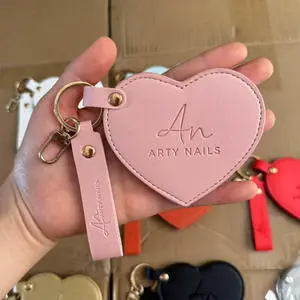 CF Valentine's Day Gift Heart Shaped Makeup Keychain Mirror Pu Leather HD Glass Custom Travel Pocket Mirrors For Women Girls