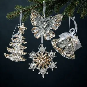 Clear Acrylic Christmas Tree Ornaments Set Gold Sequin Butterfly Snowflake Bell Hanging Decoration for Luxury Holiday Home Decor