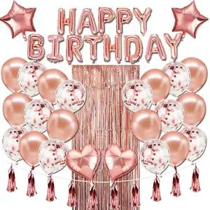 Rose Gold Theme Birthday Party Supplies Happy Birthday Banner Star Heart Foil Balloons Tassels Decoration Backdrop Set Kit