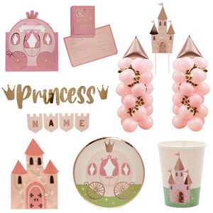 DAMAI Pink Princess Party Paper Party Tableware & Table Decorations Plates Set Pink Princess Party Tableware