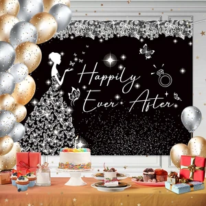 Wedding Backdrop Banner for Bride to Be Polyester Photo Booth Background with Grommets Romantic Happily Ever After Decor