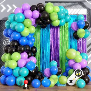 Game Themed Balloon Kit with Blue Green purple Balloons and Tinsel Curtain Backdrop for Video Game Birthday Party Decorations