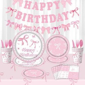 Pink Bow Birthday Party Supplies Set Disposable Tableware with Plates Cups Napkins Cutlery Tablecloth for Birthday Decoration