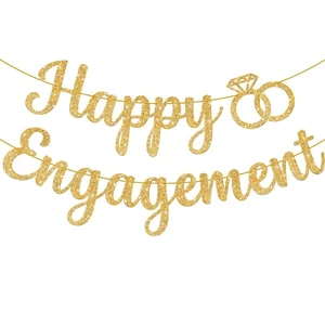 Gold Glitter Happy Engagement Banner Paper Wedding and Valentine's Day Party Decorations for Engagement Celebrations