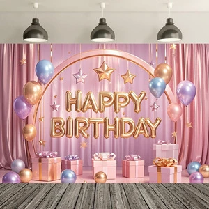 Happy Birthday pink Polyester Background Cloth Party Decoration Photography Banner Flag
