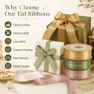 Custom 25mm Ramadan Kareem Satin Ribbon Eid Mubarak Printed Polyester Gift Wrapping Ribbon For Holiday Packaging