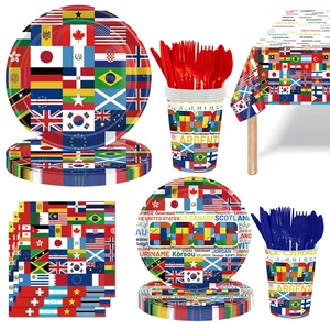International World Flags Birthday Party Supplies Disposable Tableware Set Theme Decor Plates Cups Napkins Cutlery Tablecloth