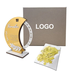 Eid Mubarak Advent Acrylic Rotate Moon Shaped Ramadan Countdown Calendar Gift Set New Wooded Base for Ramadan Holiday Supply