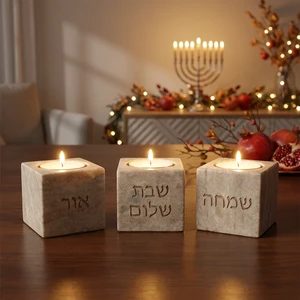 Candle Holders Set Modern Judaica Shabbat Candlesticks Tea Lights Concrete Shabbos Candles Jewish Gift Home Christmas Birthday