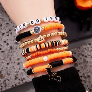 Wholesale Funny Halloween Day Customize Letter Polymer Clay Pumpkin Bat Bracelet Set for Women Men