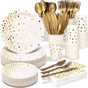 Custom Birthday Gold Dot Disposable Tableware Set Paper Napkin Cups Knifes Forks Spoons Tablecloth Plates Straws for Wedding