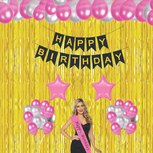 Golden Birthday Decoration Kit 37 Pcs Pink & White Balloons Golden Curtain & Party Set for Best Wholesale Price