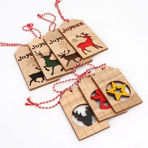 Christmas Ornaments Wood Tree Decorations Wooden Hanging Crafts Santa Claus Snowman Ornaments Gift Tags Decor, Red & Green