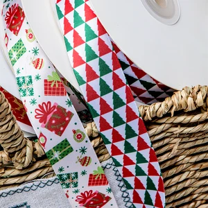 Factory Custom Christmas Santa Claus Snowflake Tree Elk Decoration 25mm Heat Transfer Printed Luxury Gift Christmas Ribbon