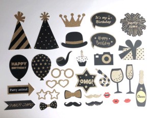Fully Assembled Birthday Photo Booth Props Set of 31 Black & Gold Selfie Signs Party Supplies & Decorations Cute Bday Designs
