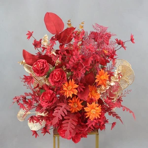Modern Red Gold Chinese Wedding Floral Artificial Flower Arrangement Elegant Wedding Centerpieces Table Decorations Stage