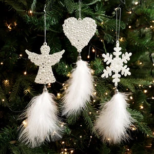 White Christmas Angel Ornaments with Feathers Pearl Snowflake Hanging Christmas Tree Ornaments for Winter Wonderland Xmas