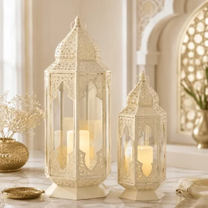 Wholesale Customized Ivory White Metal Glass Moroccan Lantern Set For Ramadan Eid Wedding Decor