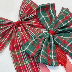 Cross-Border Christmas Event Decorations Gold Edge Green Red Checkered Tree Ribbon Premium Quality Gift Wrap Ribbon