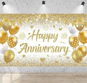 White Gold Happy Wedding Anniversary Banner for Couple, Happy Anniversary Decorations, Surprise for Parents Cheers to Wedding