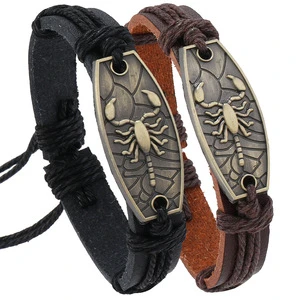 Punk Men's PU Leather Handmade Gold Color Scorpion Charm Bracelet Fashion New Design Women Cuff Bangle Gifts