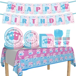 New Arrival Gender Party Theme Set Disposable Tableware Set with Tablecloth and Banner Paper PE Plates Cups Cutlery for Party