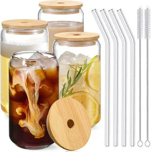 Glass Cups With Bamboo Lids And Straws 16oz 18oz 20oz Can Shaped Drinking Beer Glasses Cup For Iced Coffee