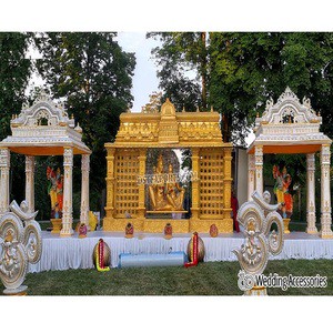 Grand Outdoor Wedding Manavarai Stage Decor Gold Theme Stage for Princess Wedding Grand Manavarai Stage Decor for Weddings
