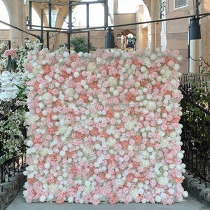G32 Floral 3d Roll up Artificial Silk Rose FlowerWall Backdrop Panel Pink Fake Cloth Flower Wall for Wedding Home Salon Decor