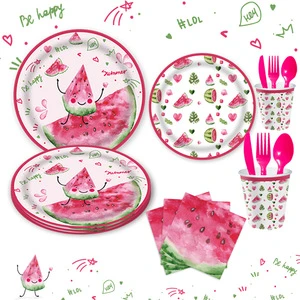 Hot Sale Summer Watermelon Design Theme Disposable Party Paper Plate Napkins Tablecloth Banner Tableware Set