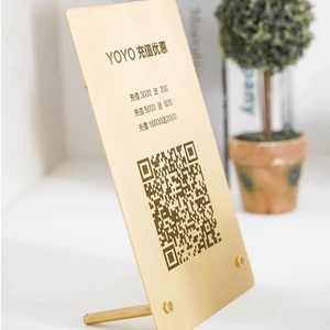 Customizable Brass QR Code Table Sign, Double-Sided Metal Menu & Table Number Stand for Restaurants, Bars & Cafes