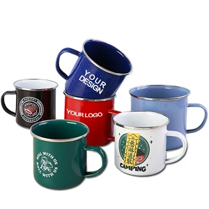 Wholesales Custom Logo Reusable Rolled Rim Metal Steel Tin Rim Sublimation Blank Coffee Tea Cup Enamel Camping Mug With Handle
