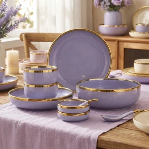 Household Nordic Light Luxury Gold Border Ceramic Disposable Stocked Sets Rice Soup Vegetable Bowls Plates Combination