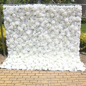 M167 Floral Wall 3D Roll up Hanging Ivory Rose Hydrangea Artificial Silk White Flower Wall Backdrop for Wedding Decoration Party