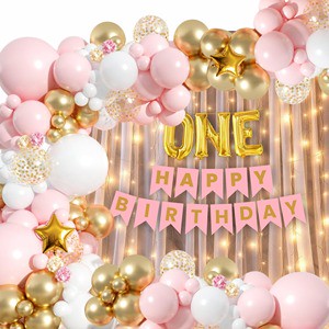 ONE Happy Birthday Decoration Combo Pack 58 Pcs Pink Gold White Balloon Kit with One Foil Banner Lights