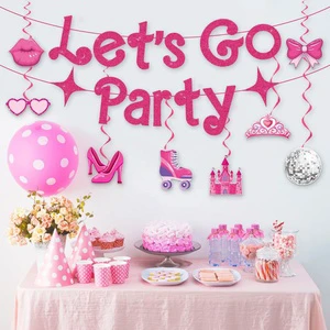 DAMAI Pink Princess Themed Girl Party Set Lets Go Party Banner Princess Hanging Swirls for Bachelorette Party Decora