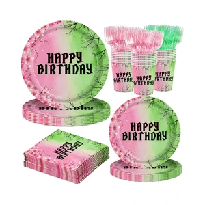 Hot Selling 120pcs Green Pink Disposable Paper Tableware Set Witch Theme Halloween Birthday Party Table Decorations