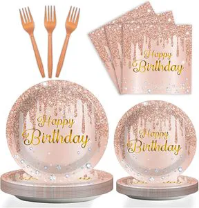 Happy Birthday Tableware Set for Pink Rose Gold Table Decorations Supplies Disposable Dessert Plates Napkins Forks Women