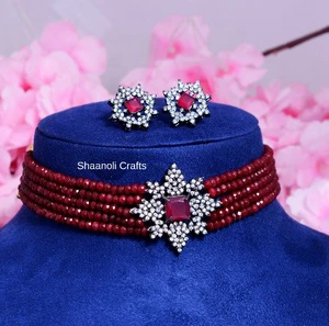 Party Favors Oxidize Finish CZ Stone Choker Necklace Set Ruby Red Beads Handmade Indian Wedding Featuring Pearl Diamond Earrings