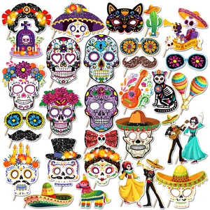 Huancai 30PCS Day of the Dead Photo Booth Props with Sticks Dia De Los Muertos Party Selfie Props Kit for Mexican Party Supplies