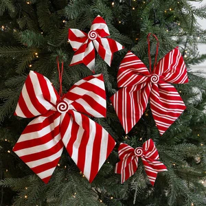 White Red Stripes Christmas Tree Bows Xmas Candy Cane Style Christmas Bows for Front Door Cabinet Staircase Fence Garland