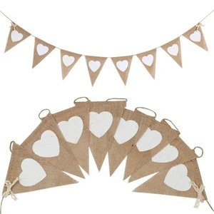 Factory Print White Love Heart Triangle Jute Burlap Banner with Lace Party Bunting Garland Wedding Christmas Decoration Birthday