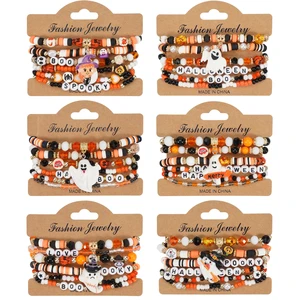 2025 New Anniversary Zinc Alloy Charm Beads Bracelets Women Pumpkin Skull Ghost Bat Stretchy Heishi Cat Witch Hat Bracelet